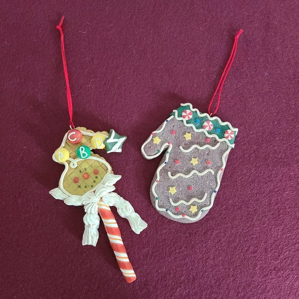 Vintage Mitten Gingerbread Cookie & Peppermint Stick Cookie Christmas Ornaments